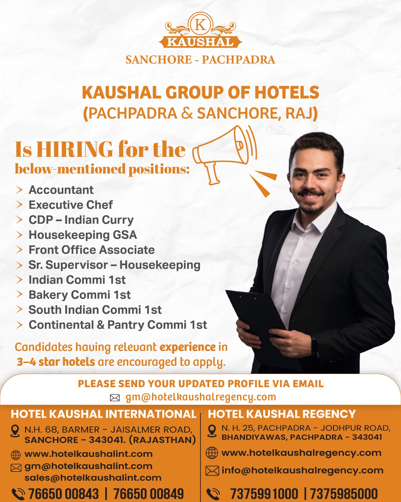 Recruitment poster for Kaushal Group of Hotels Pachpadra in India