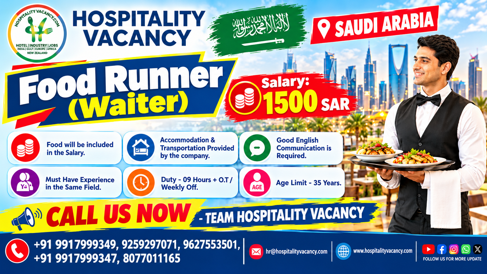 Recruitment poster for Saudi Arabia - Food Runner (Waiter) in Saudi Arabia