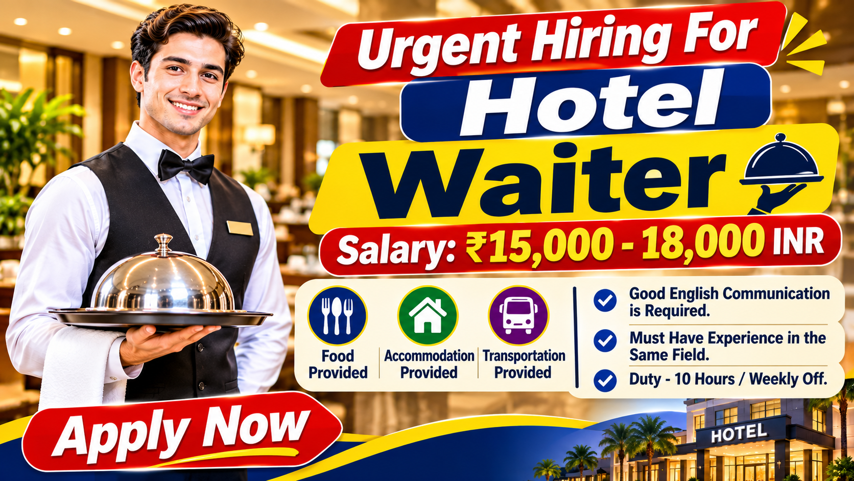 Recruitment poster for Waiter in India