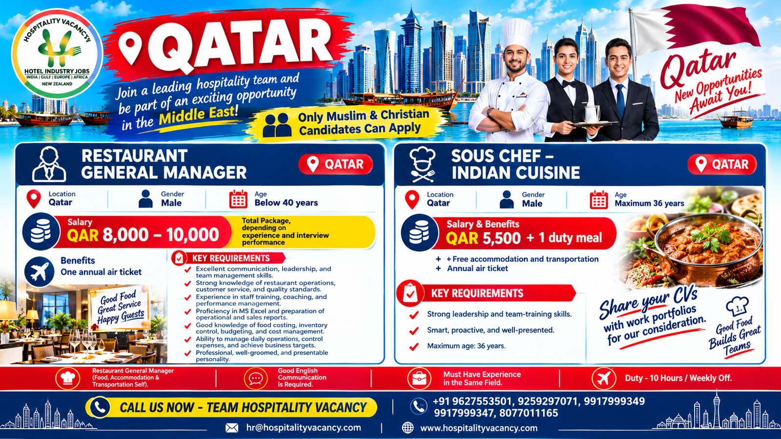 Recruitment poster for Qatar - Restaurant General Manager & Sous Chef - Indian Cuisine in Qatar